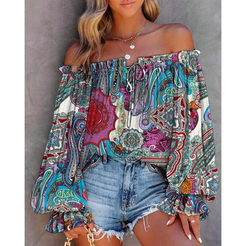 Damen Off-Shoulder Bluse mit Buntem Muster und Elastischem Saum Nord Taschen