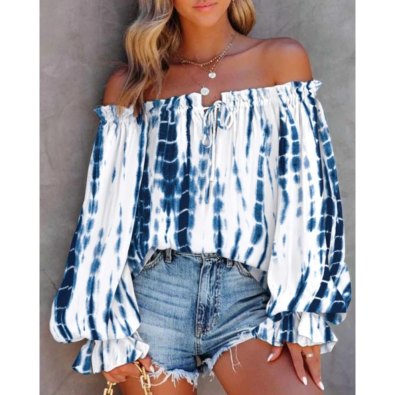 Damen Off-Shoulder Bluse mit Buntem Muster und Elastischem Saum Nord Taschen