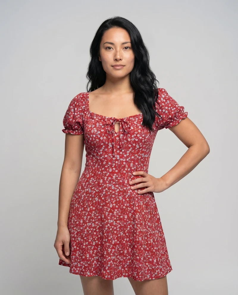 Damen Romantische Herzförmiger Ausschnitt MischgewNord Taschene Mini-Swingkleid