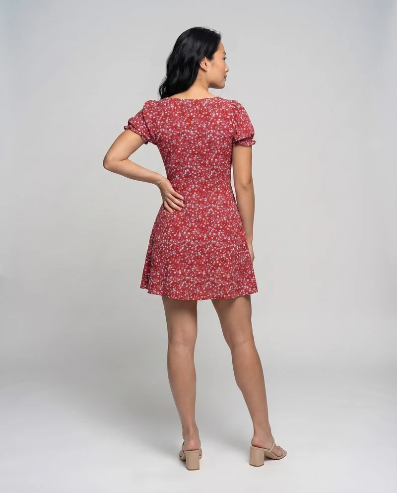 Damen Romantische Herzförmiger Ausschnitt MischgewNord Taschene Mini-Swingkleid
