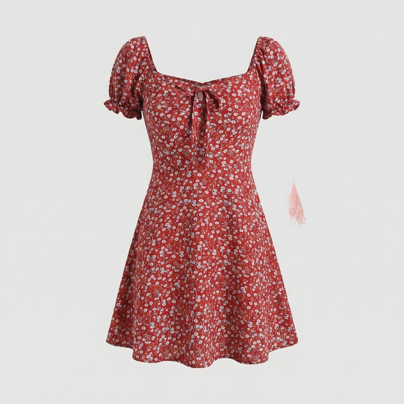 Damen Romantische Herzförmiger Ausschnitt MischgewNord Taschene Mini-Swingkleid