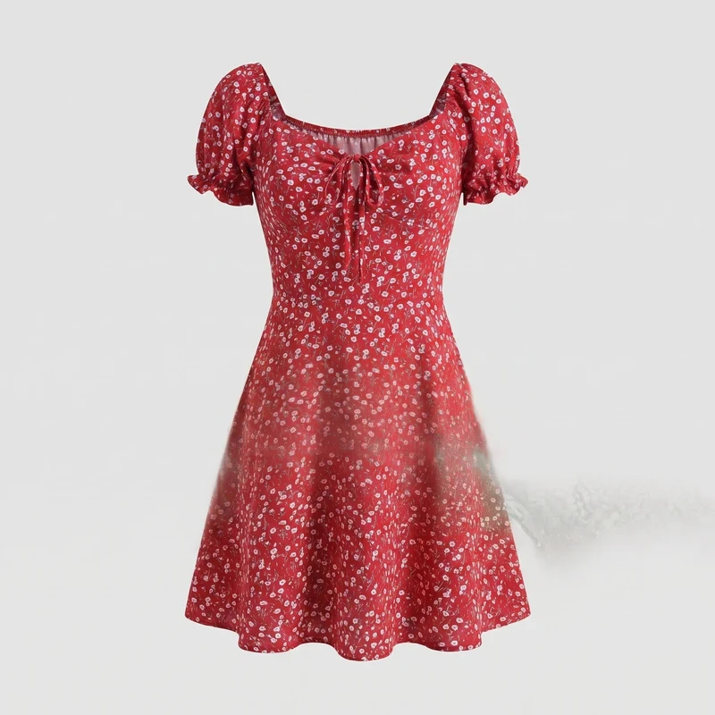 Damen Romantische Herzförmiger Ausschnitt MischgewNord Taschene Mini-Swingkleid