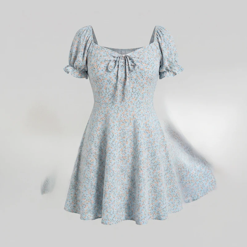 Damen Romantische Herzförmiger Ausschnitt MischgewNord Taschene Mini-Swingkleid