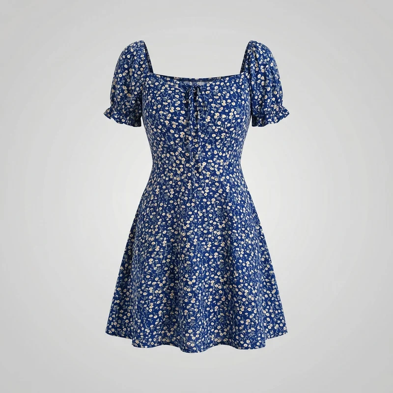 Damen Romantische Herzförmiger Ausschnitt MischgewNord Taschene Mini-Swingkleid