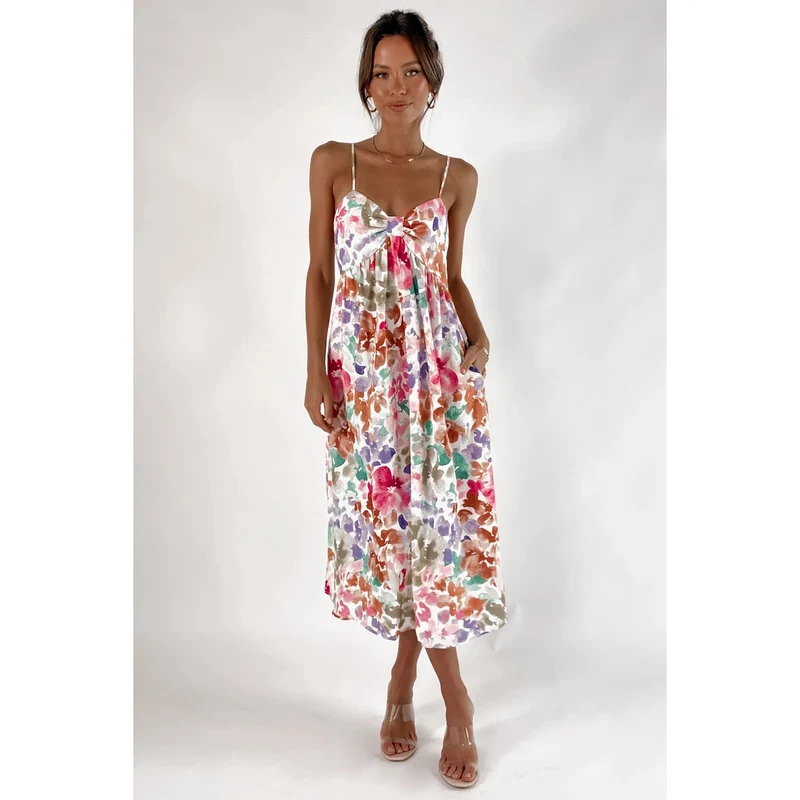 Damen Maxikleid mit floralem Design und dekorativem Knotendetail
