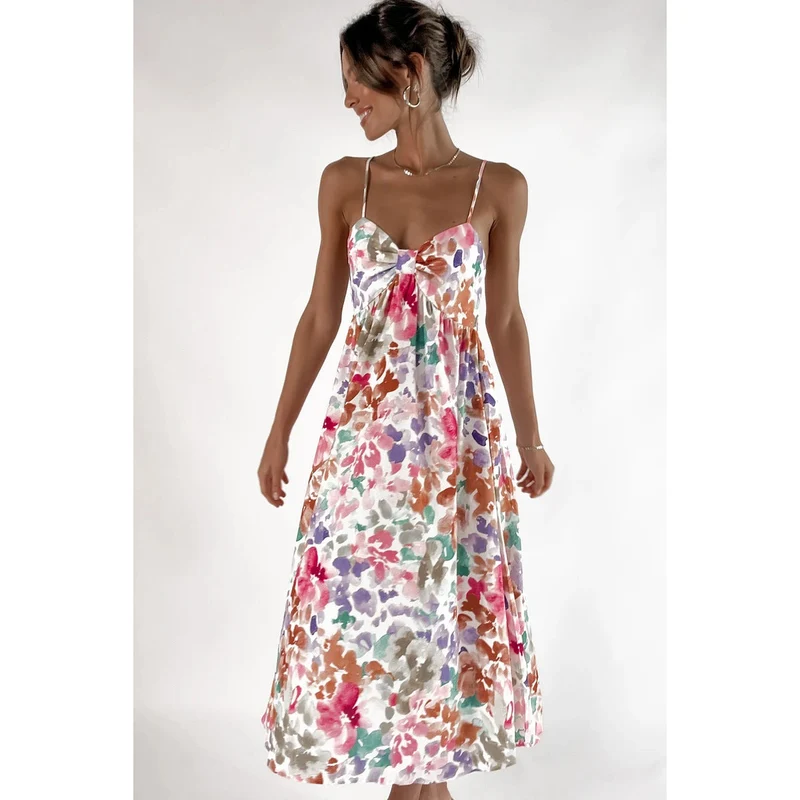 Damen Maxikleid mit floralem Design und dekorativem Knotendetail