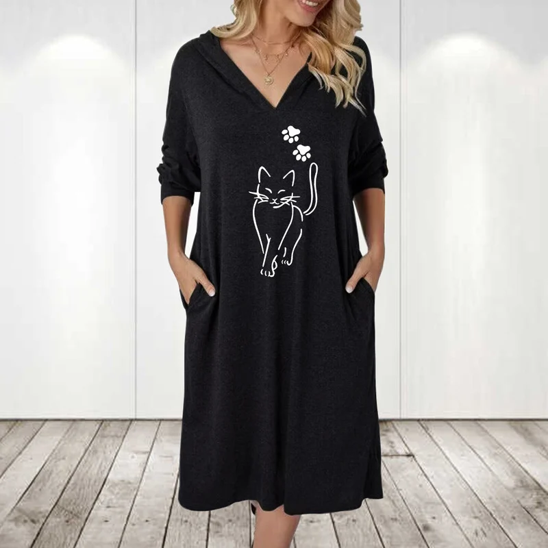 Damen Kapuzenkleid mit süßem Katzenmotiv und praktischen Taschen Nord Taschen