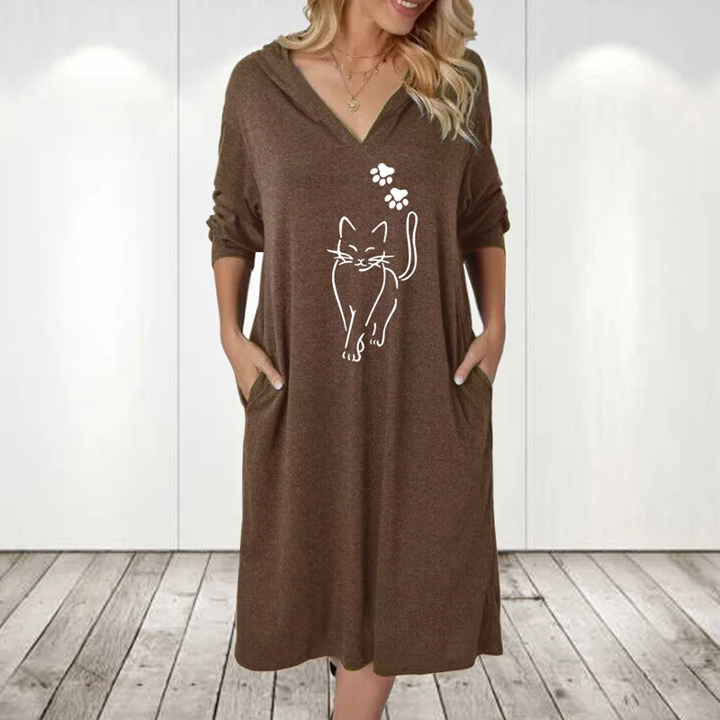 Damen Kapuzenkleid mit süßem Katzenmotiv und praktischen Taschen Nord Taschen