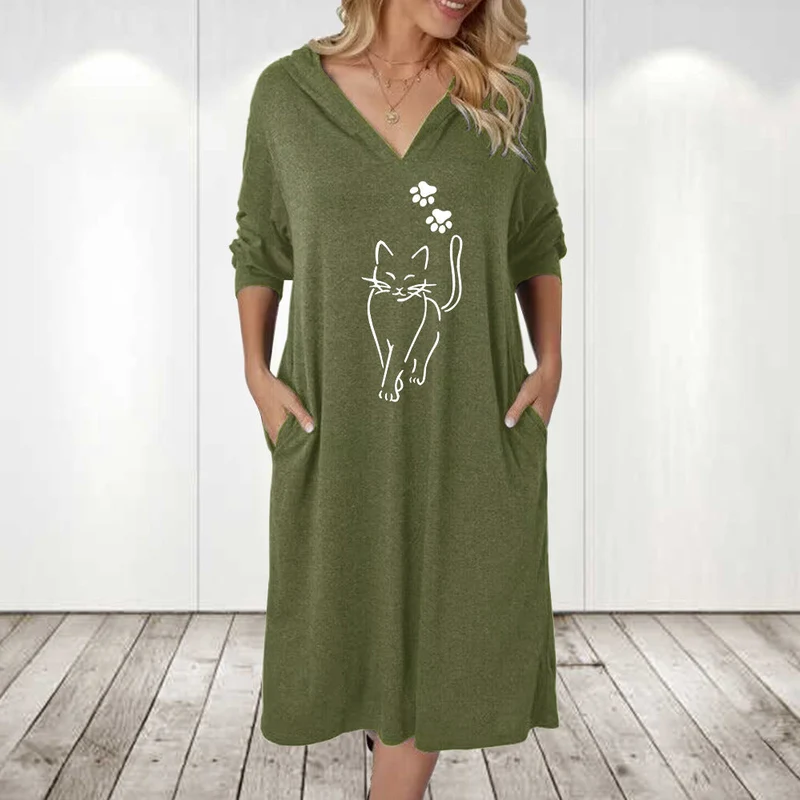 Damen Kapuzenkleid mit süßem Katzenmotiv und praktischen Taschen Nord Taschen