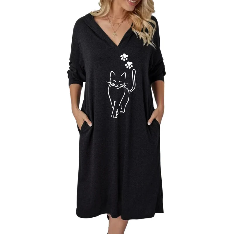 Damen Kapuzenkleid mit süßem Katzenmotiv und praktischen Taschen Nord Taschen