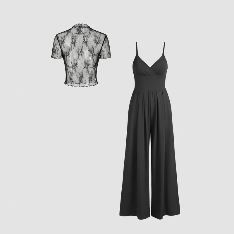 Damen elegantes V-Ausschnitt Jumpsuit mit transparenter Bluse