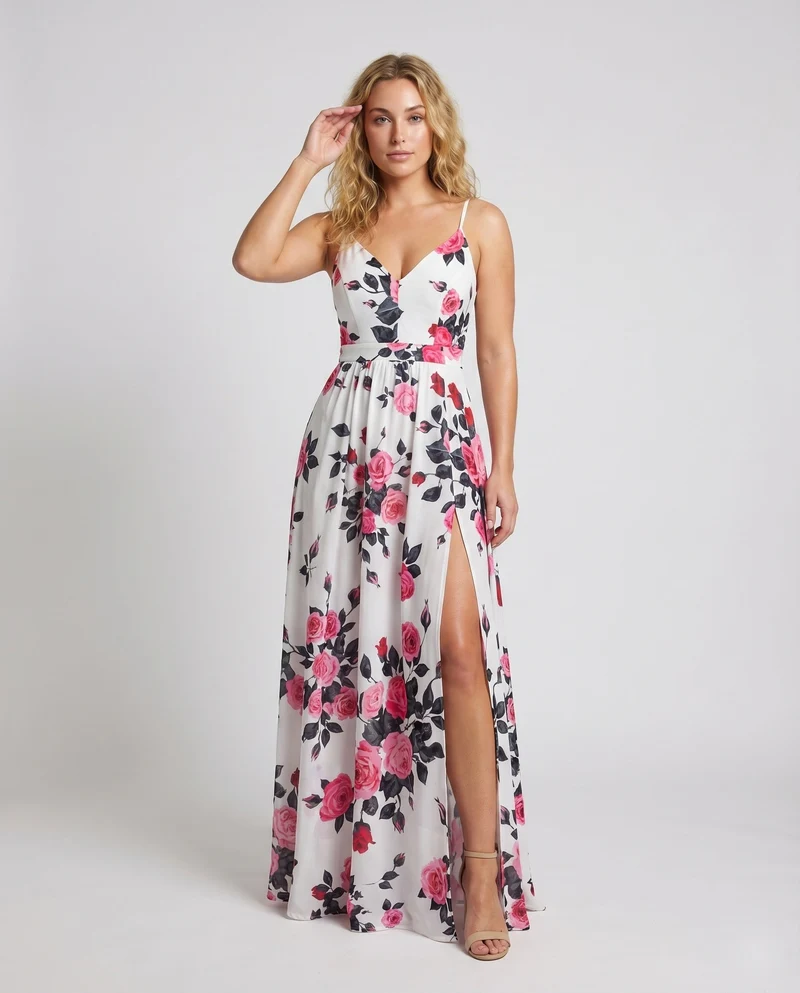 Damen Maxikleid Rosenprint Beinschlitz Spaghettiträger Tailliert