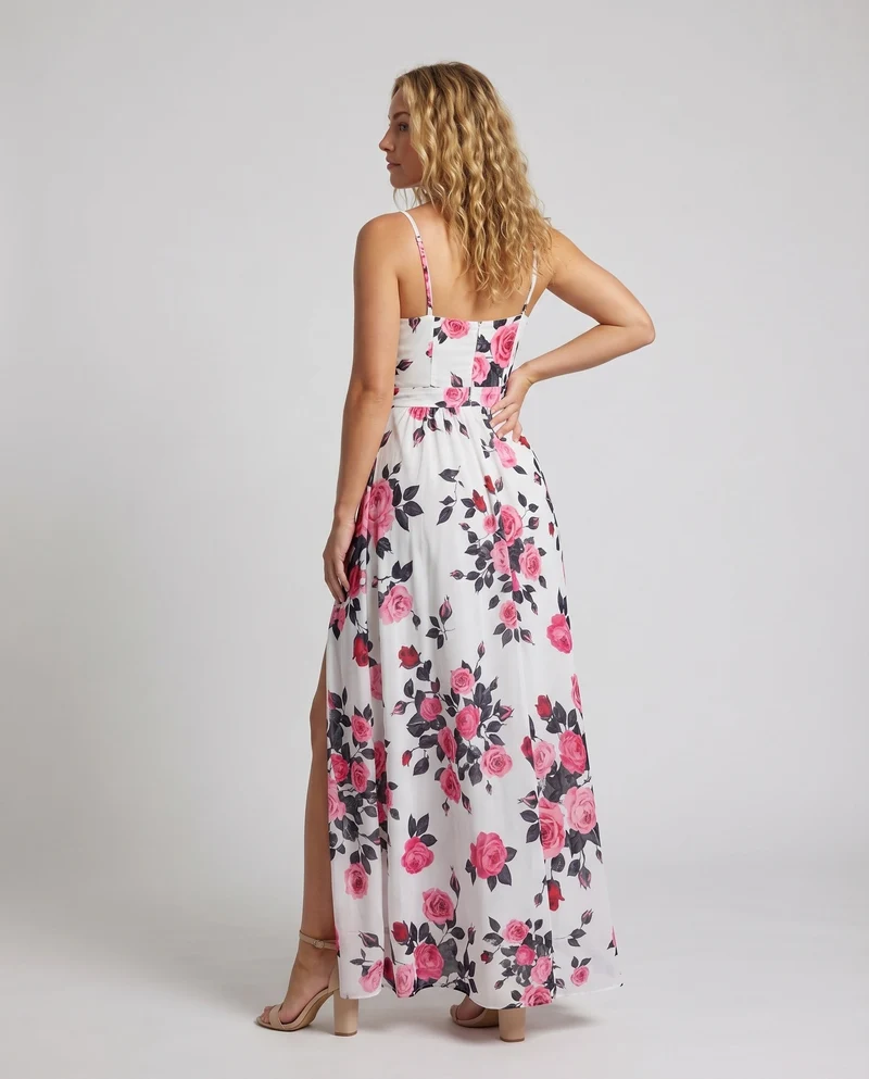 Damen Maxikleid Rosenprint Beinschlitz Spaghettiträger Tailliert