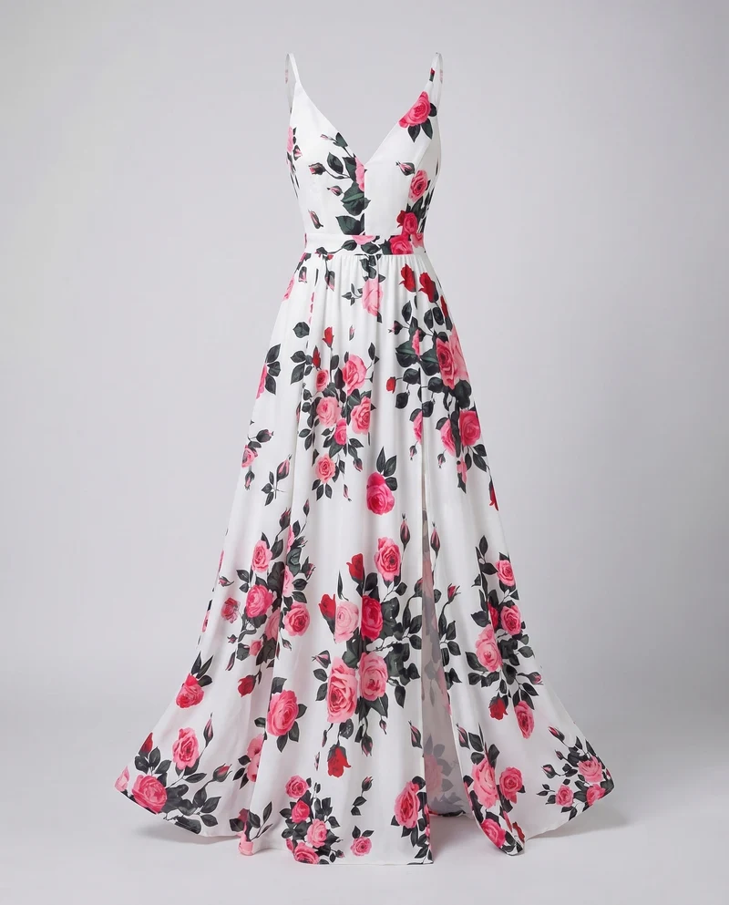 Damen Maxikleid Rosenprint Beinschlitz Spaghettiträger Tailliert