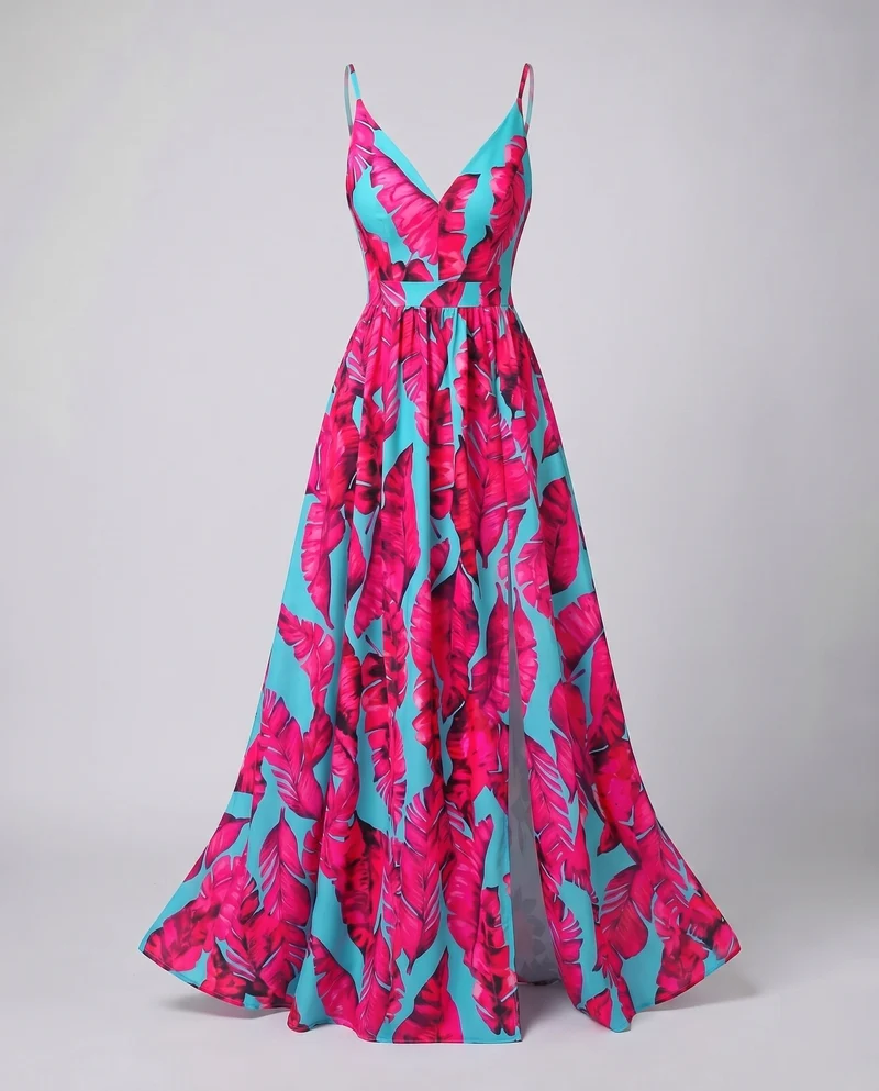 Damen Maxikleid Rosenprint Beinschlitz Spaghettiträger Tailliert