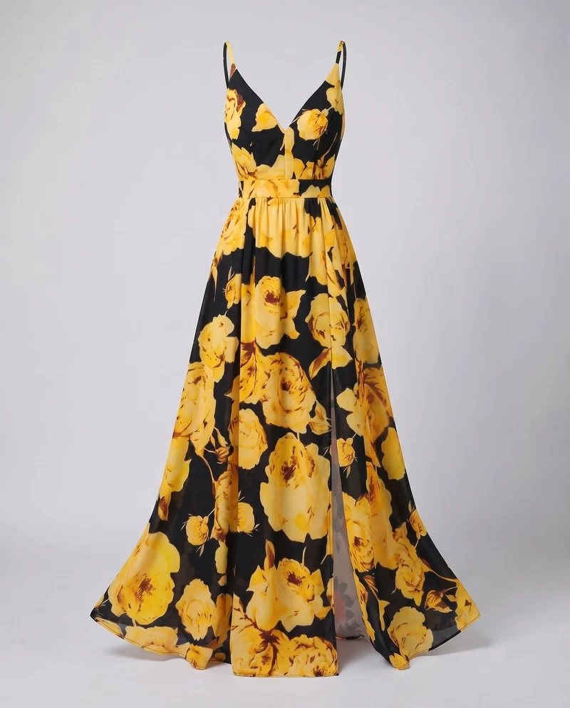 Damen Maxikleid Rosenprint Beinschlitz Spaghettiträger Tailliert