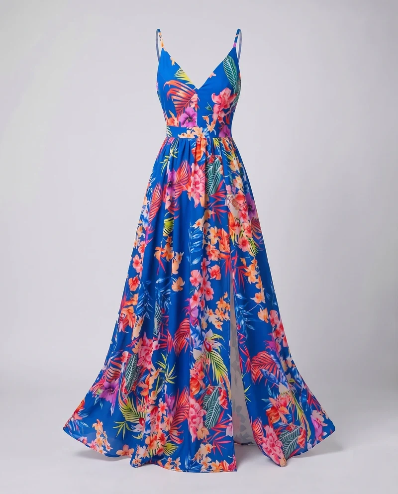 Damen Maxikleid Rosenprint Beinschlitz Spaghettiträger Tailliert