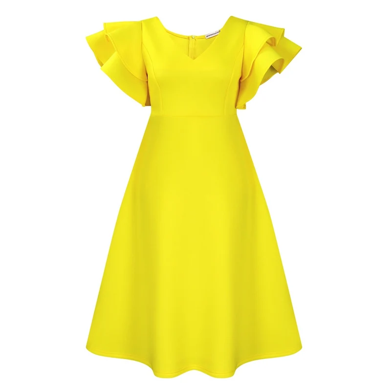 Damen Cocktailkleid A-Linie V-Ausschnitt Volantärmel