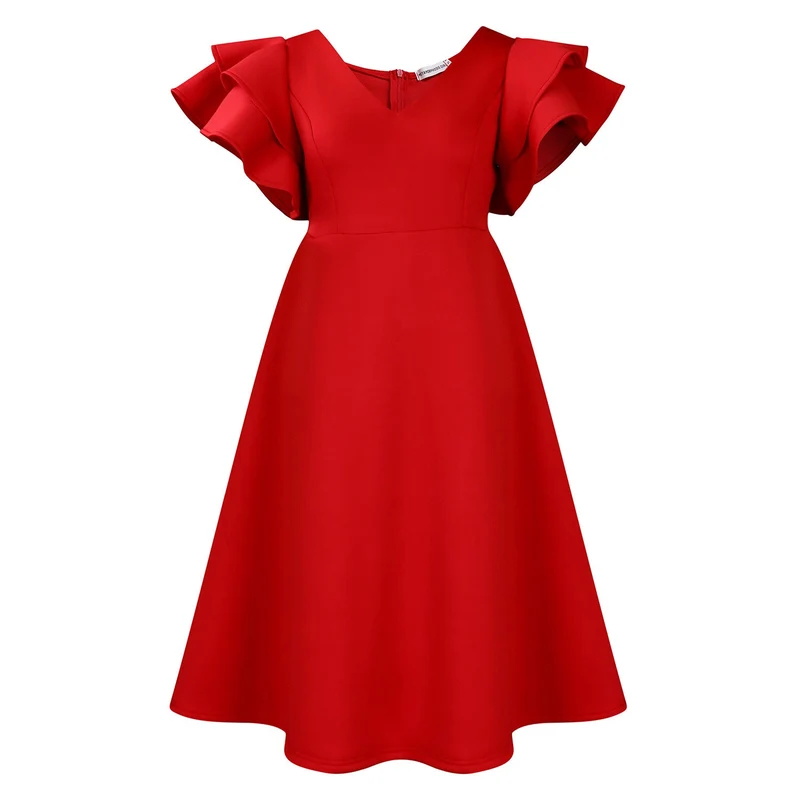 Damen Cocktailkleid A-Linie V-Ausschnitt Volantärmel