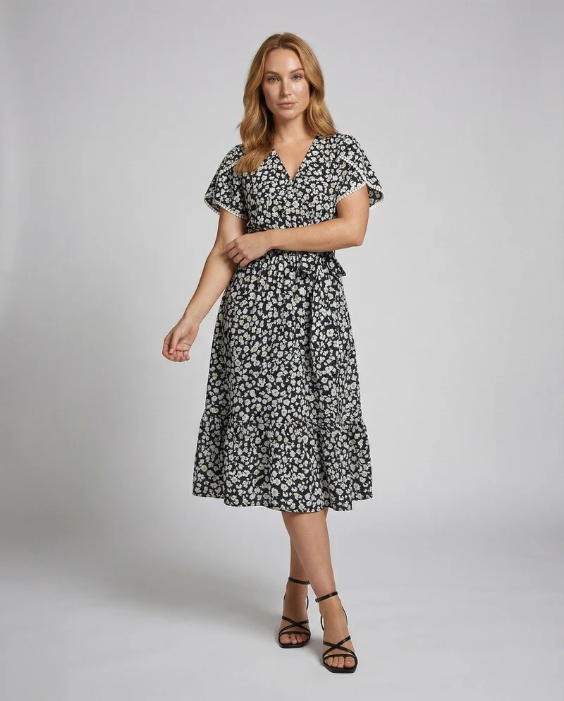 Damen Fließende GänsNord Taschenlümchen-Print Chiffon Midikleid