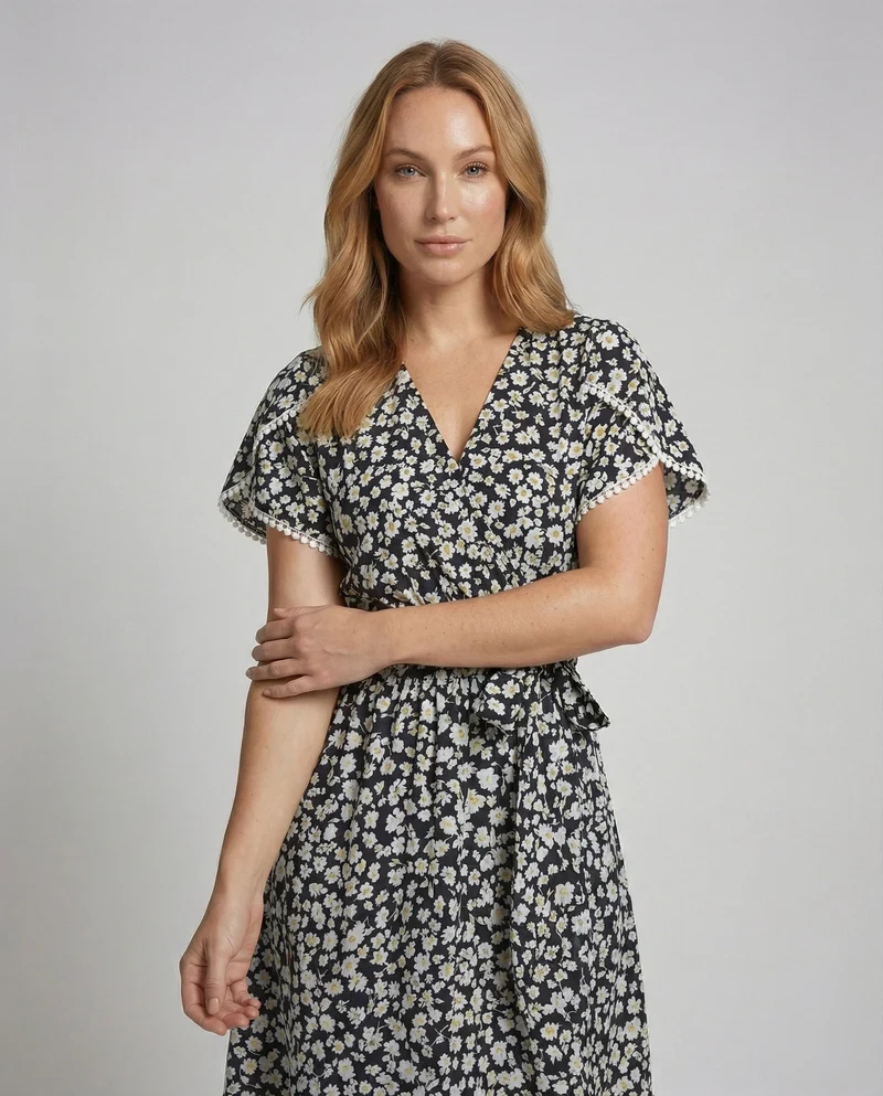 Damen Fließende GänsNord Taschenlümchen-Print Chiffon Midikleid