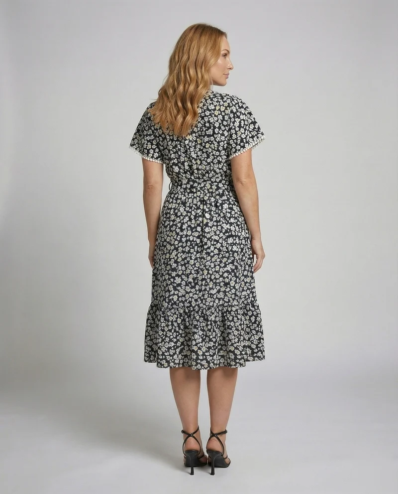 Damen Fließende GänsNord Taschenlümchen-Print Chiffon Midikleid