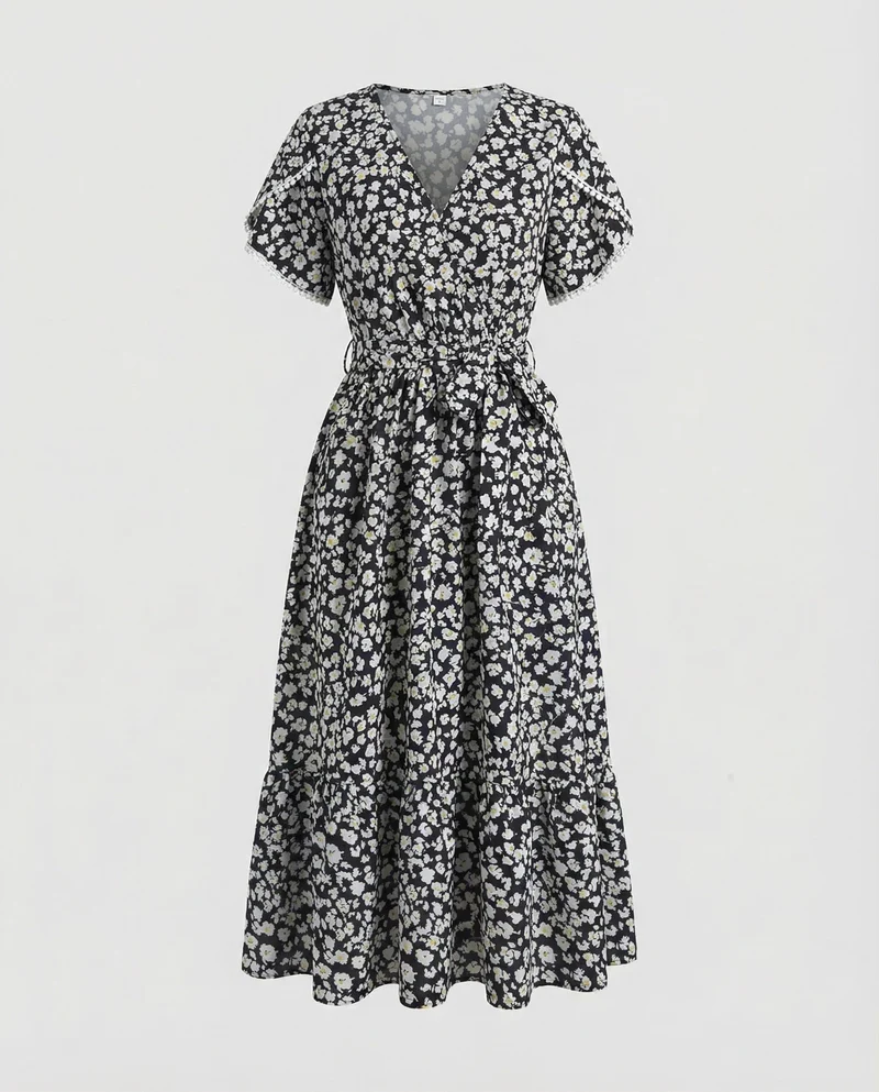 Damen Fließende GänsNord Taschenlümchen-Print Chiffon Midikleid