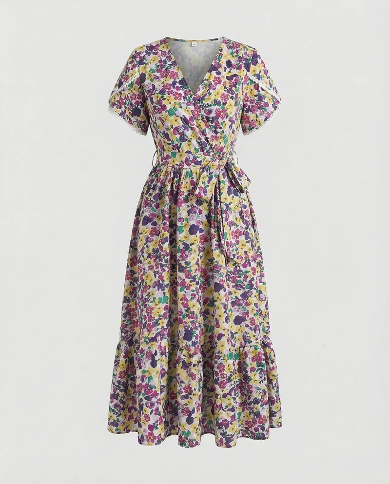 Damen Fließende GänsNord Taschenlümchen-Print Chiffon Midikleid