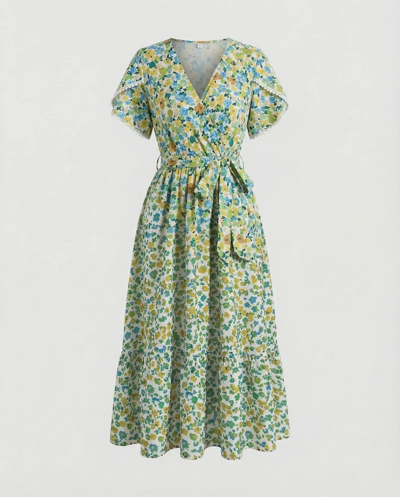 Damen Fließende GänsNord Taschenlümchen-Print Chiffon Midikleid