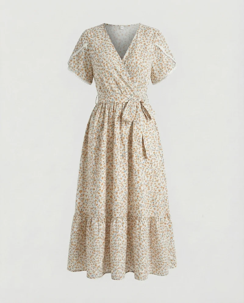 Damen Fließende GänsNord Taschenlümchen-Print Chiffon Midikleid