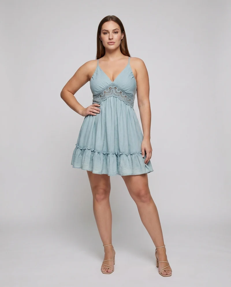 Damen Babydoll-Kleid Häkel-Taillenband Volantrock Gerafft