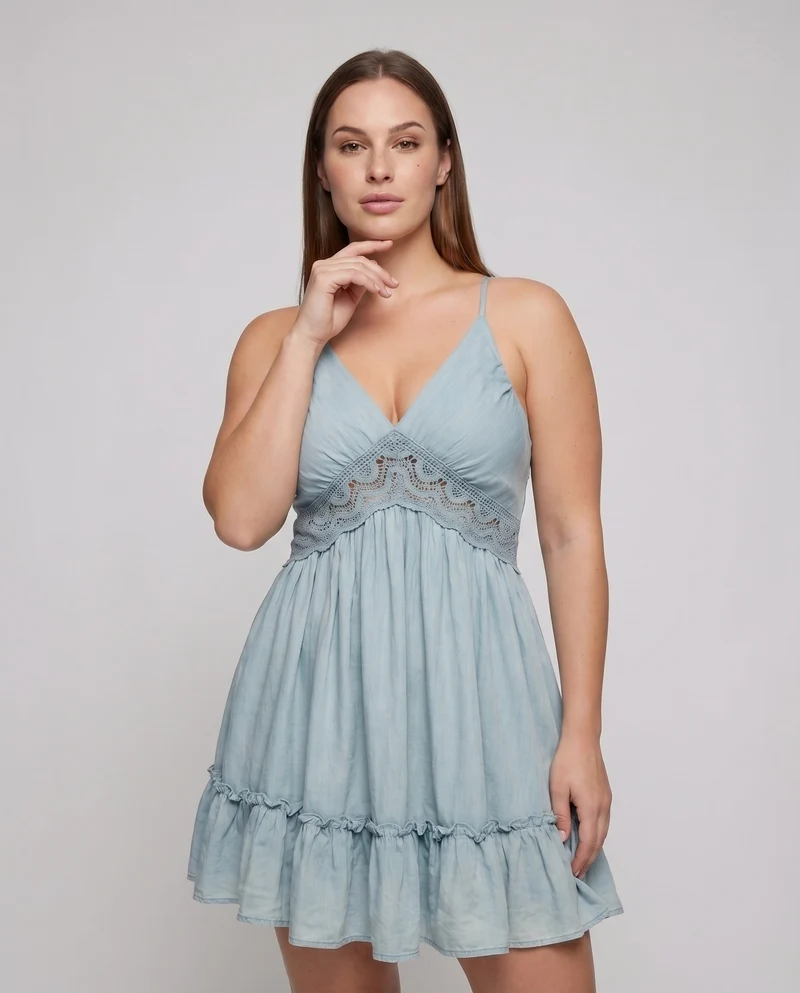 Damen Babydoll-Kleid Häkel-Taillenband Volantrock Gerafft