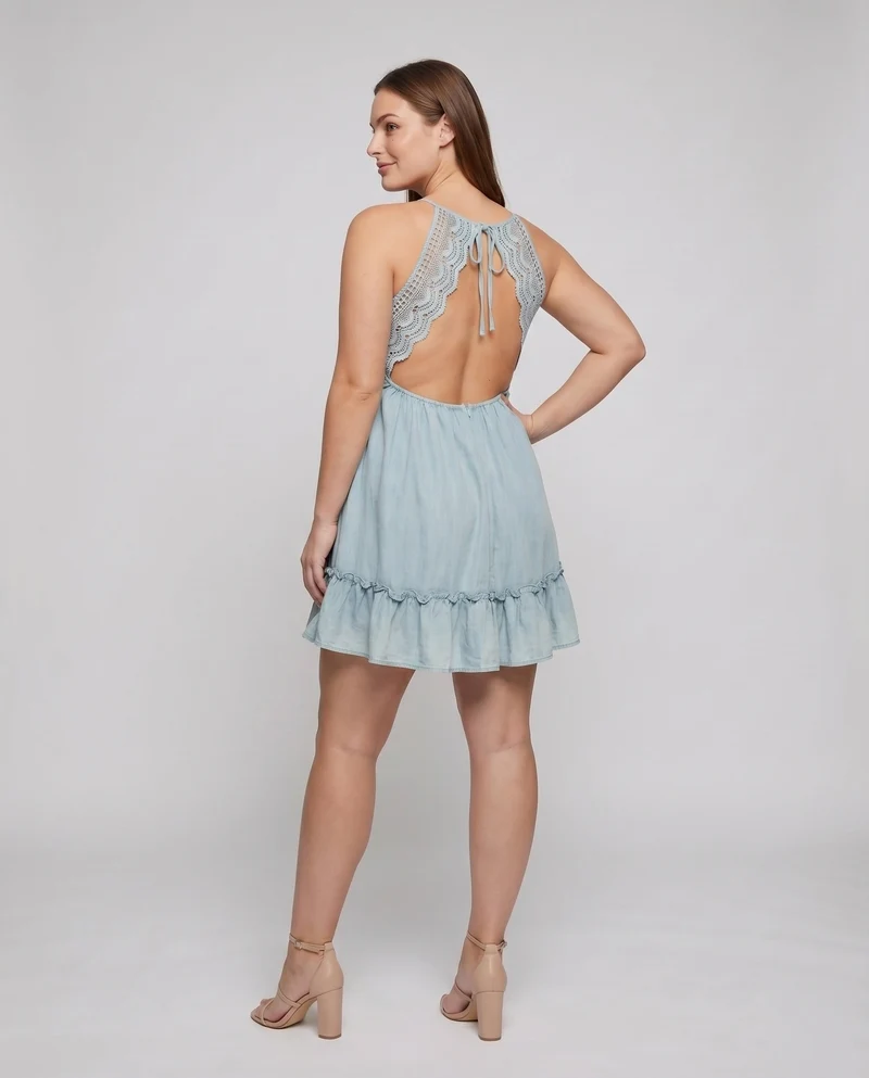 Damen Babydoll-Kleid Häkel-Taillenband Volantrock Gerafft