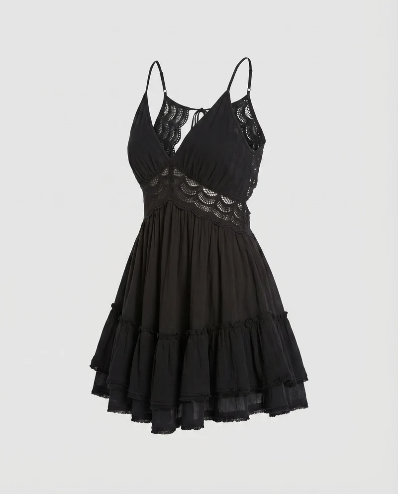 Damen Babydoll-Kleid Häkel-Taillenband Volantrock Gerafft