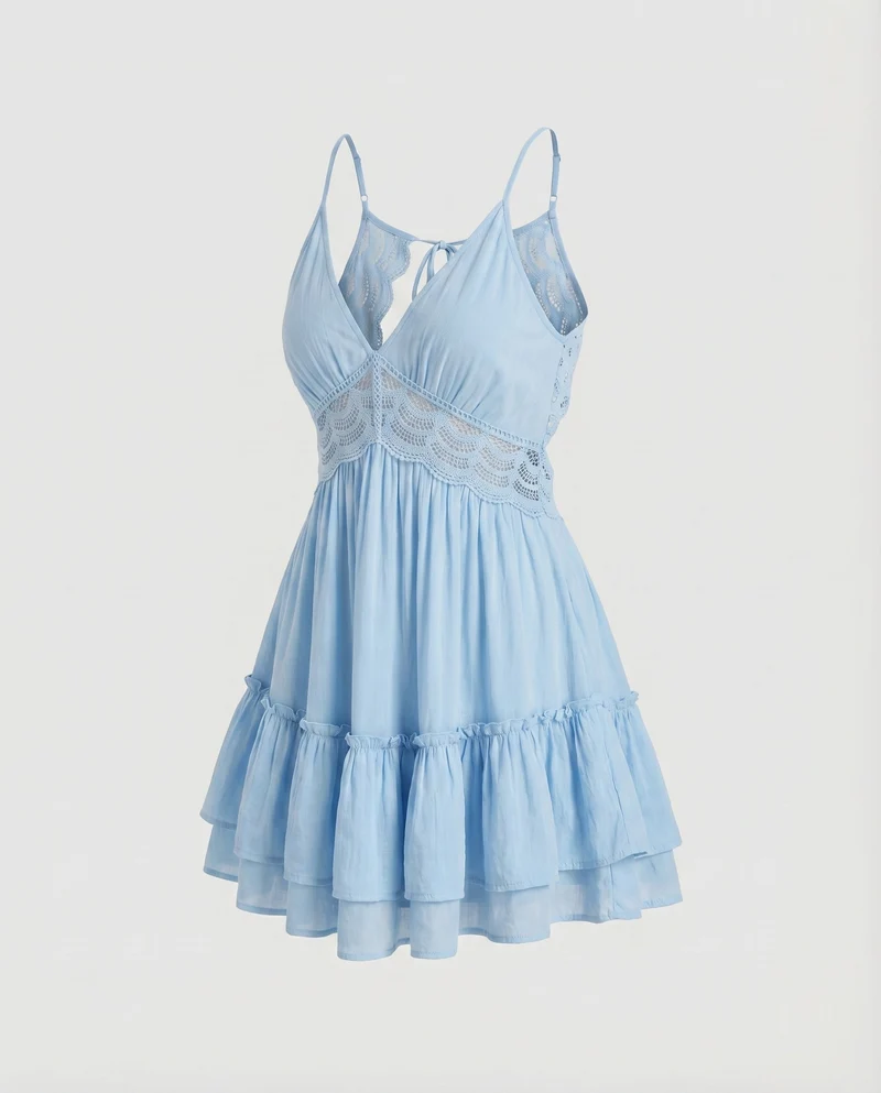 Damen Babydoll-Kleid Häkel-Taillenband Volantrock Gerafft