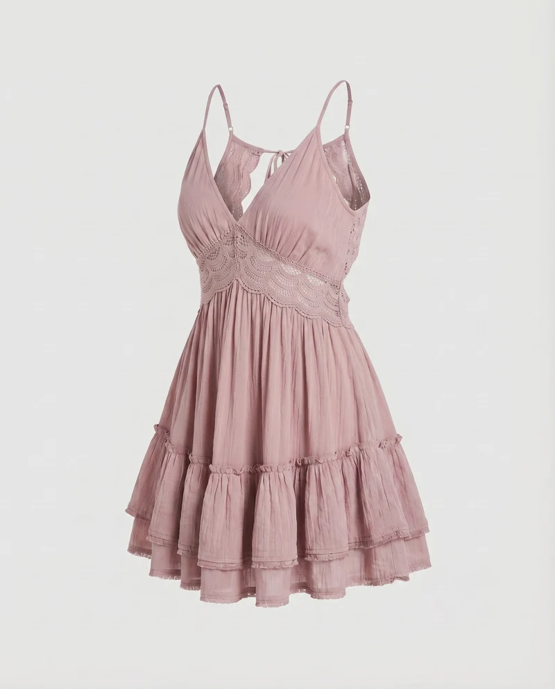 Damen Babydoll-Kleid Häkel-Taillenband Volantrock Gerafft