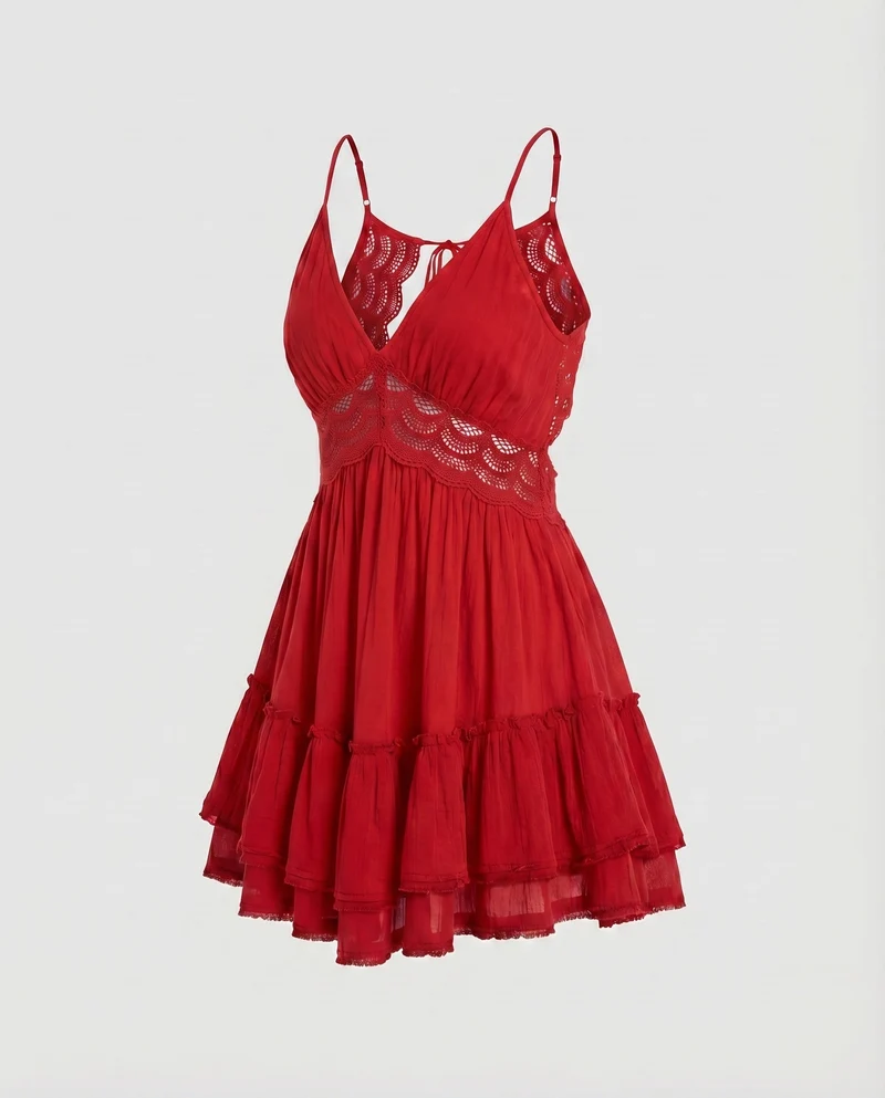 Damen Babydoll-Kleid Häkel-Taillenband Volantrock Gerafft
