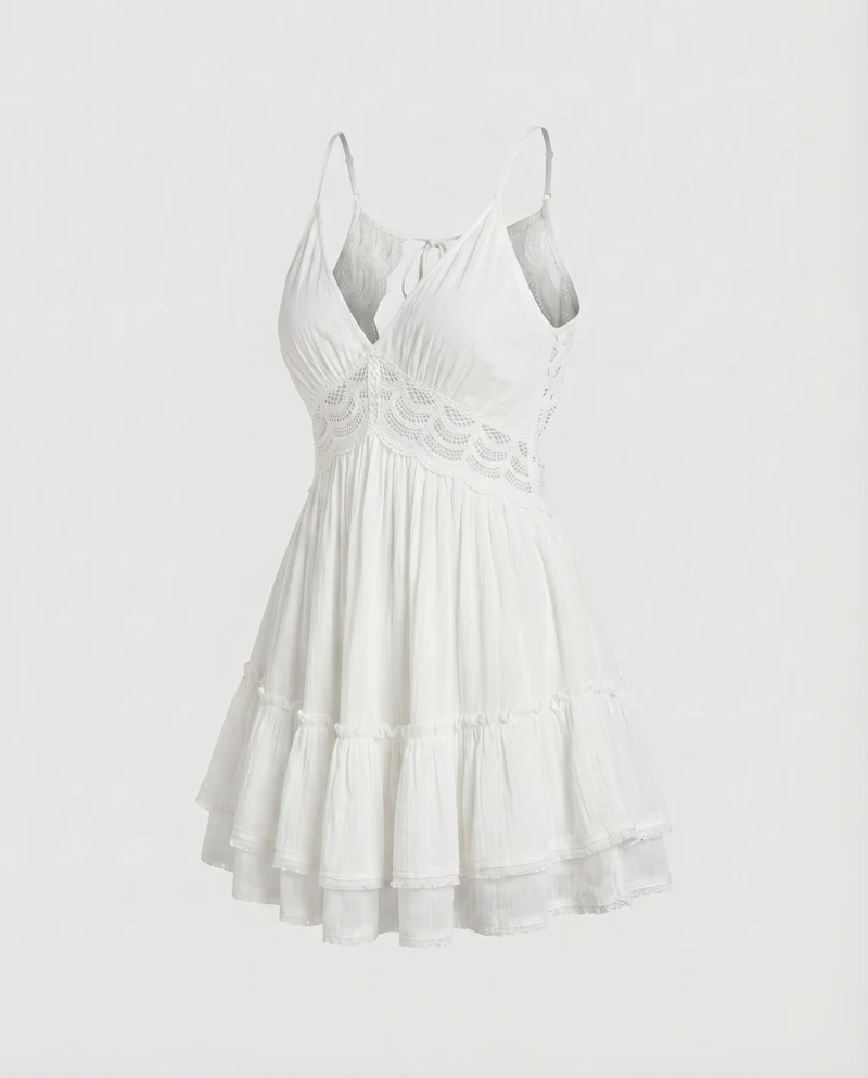 Damen Babydoll-Kleid Häkel-Taillenband Volantrock Gerafft