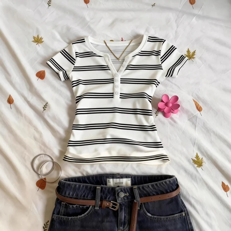 Damen Kurzarmshirt mit Knopfleiste