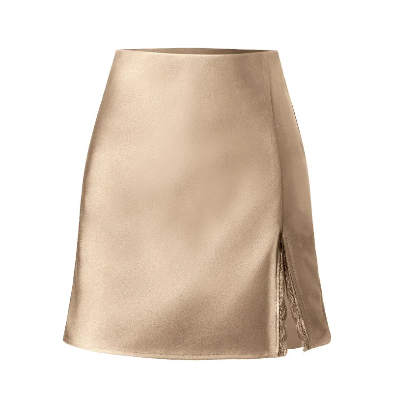 Damen Satin-Rock mit seitlichem Schlitz und Spitzenakzenten