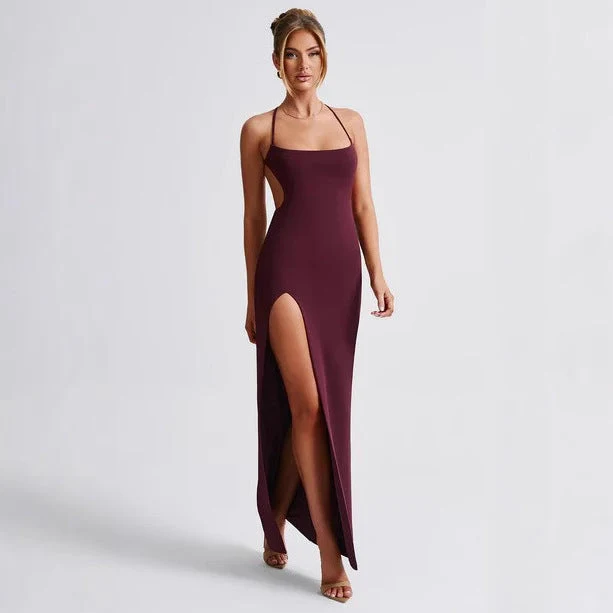 Damen Elegantes Maxikleid mit seitlichem Schlitz und dünnen Trägern