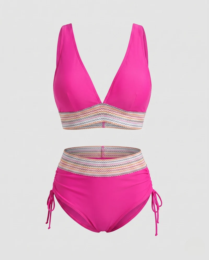 Damen Hochgeschnittener Bikini mit V-Ausschnitt und gerafftem Detail Nord Taschen