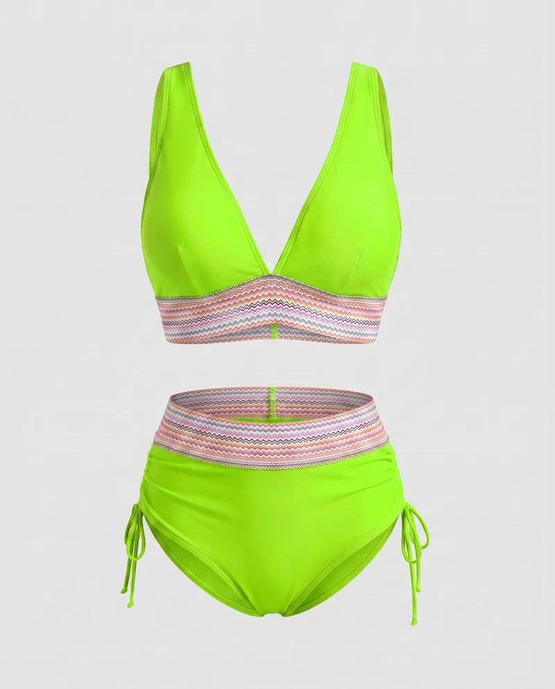 Damen Hochgeschnittener Bikini mit V-Ausschnitt und gerafftem Detail Nord Taschen