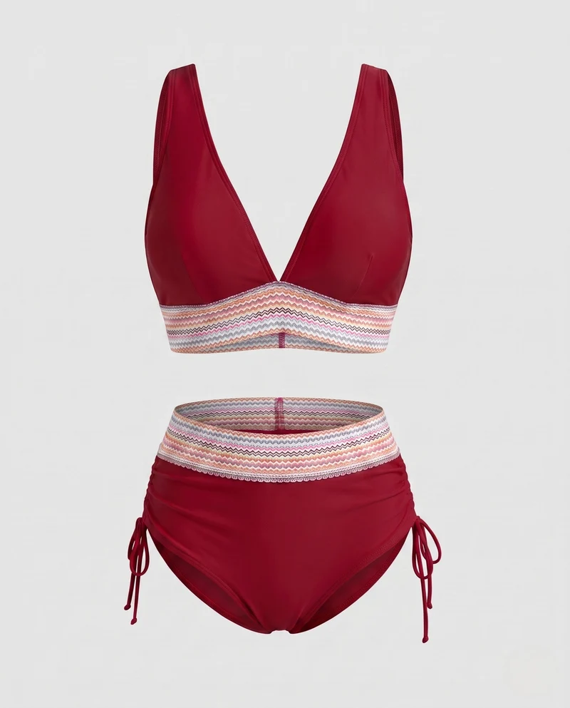 Damen Hochgeschnittener Bikini mit V-Ausschnitt und gerafftem Detail Nord Taschen