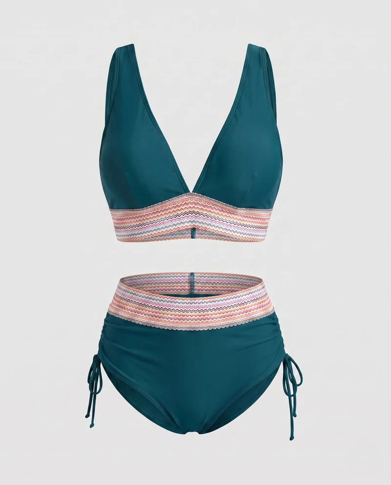 Damen Hochgeschnittener Bikini mit V-Ausschnitt und gerafftem Detail Nord Taschen