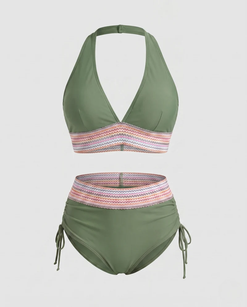 Damen Hochgeschnittener Bikini mit V-Ausschnitt und gerafftem Detail Nord Taschen