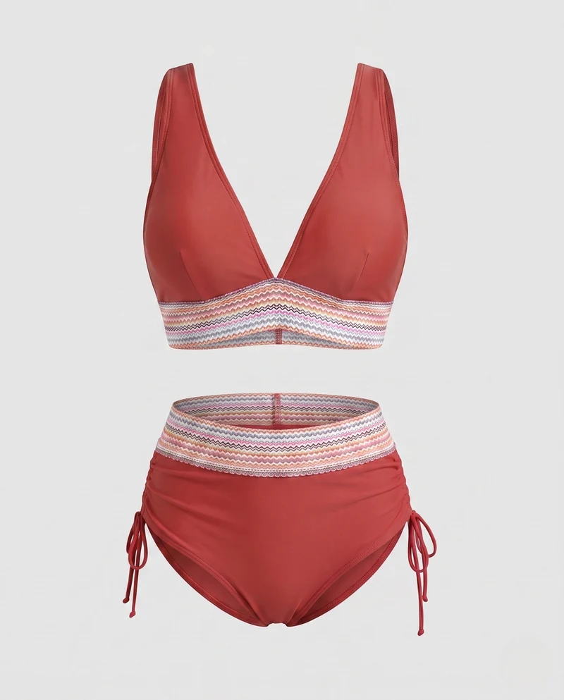 Damen Hochgeschnittener Bikini mit V-Ausschnitt und gerafftem Detail Nord Taschen