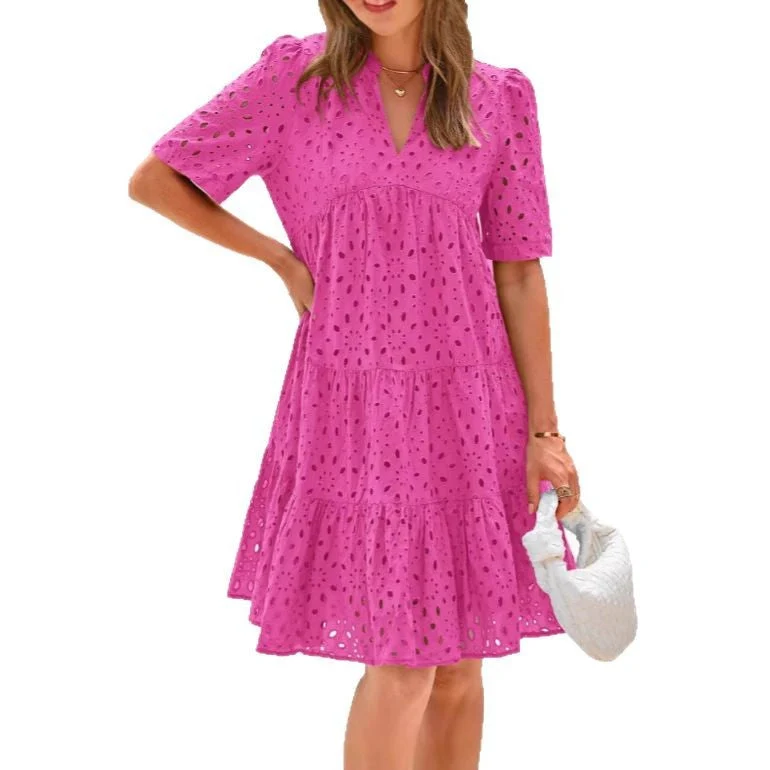 Damen luftiges Sommerkleid mit verspieltem Lochmuster