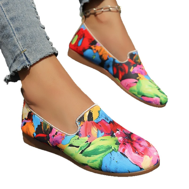 Damen Slip-On Mokassins mit buntem Pflanzenmuster Nord Taschen