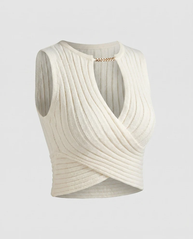 Damen Cropped Oberteil mit dekorativem Wickel-Design und trendigem Kettenausschnitt